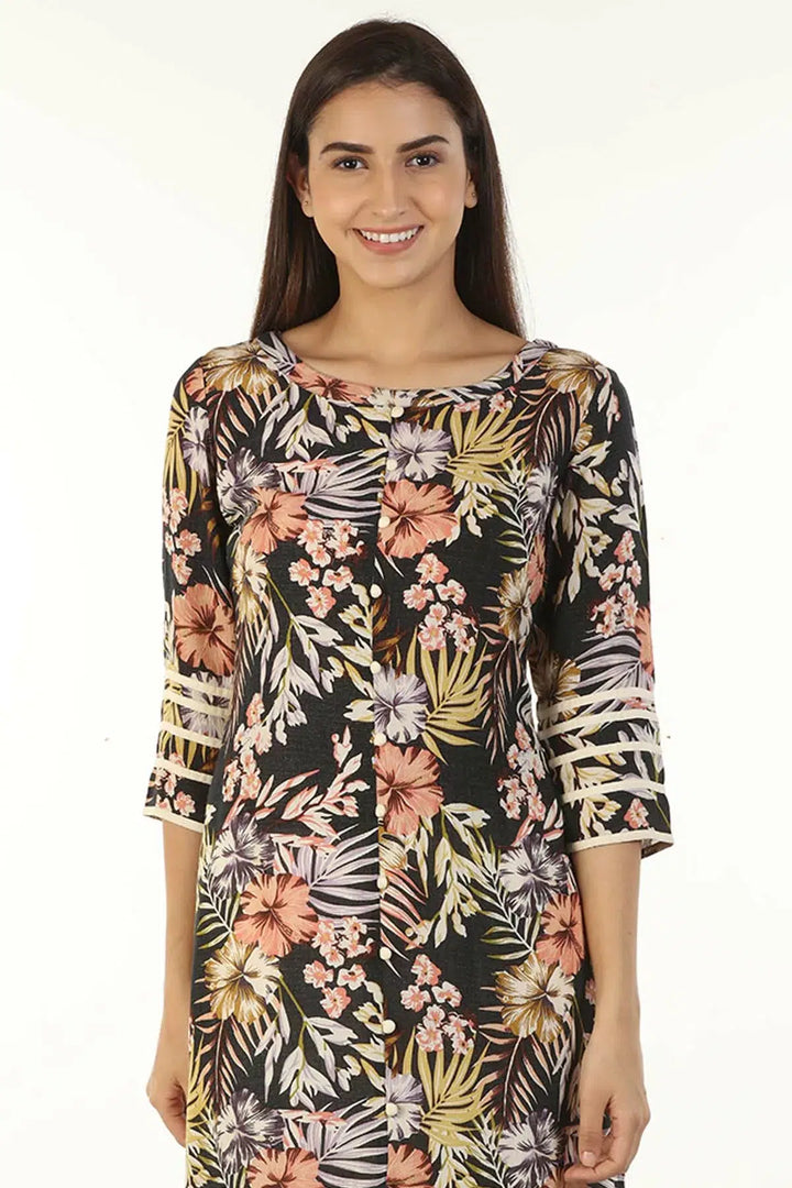 Rayon Crepe Printed Kurti (Black)