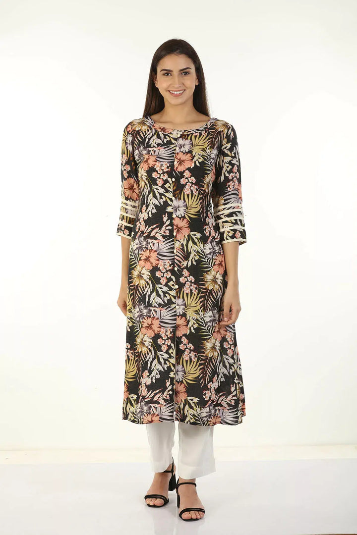 Rayon Crepe Printed Kurti (Black)