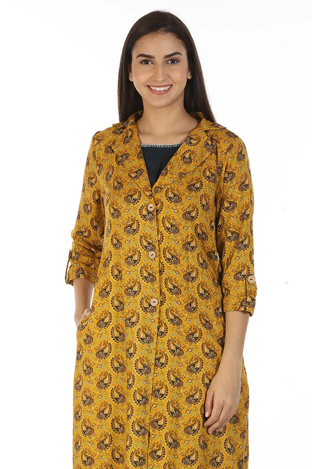 Layered front open printed Kurti with Collar (Mustard)