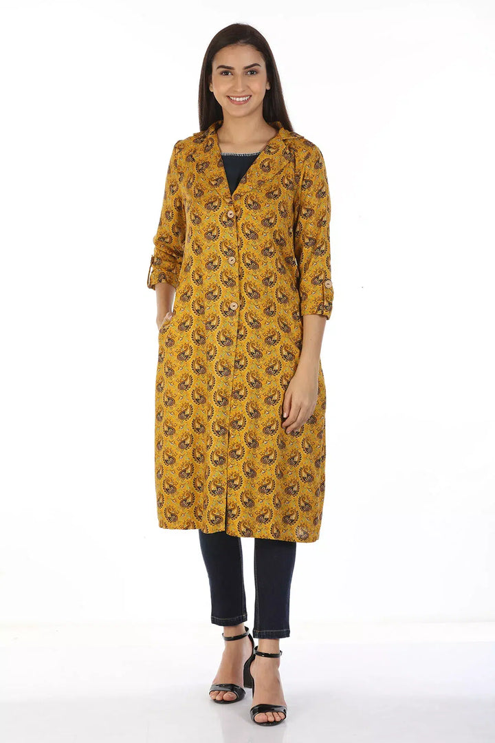 Layered front open printed Kurti with Collar (Mustard)