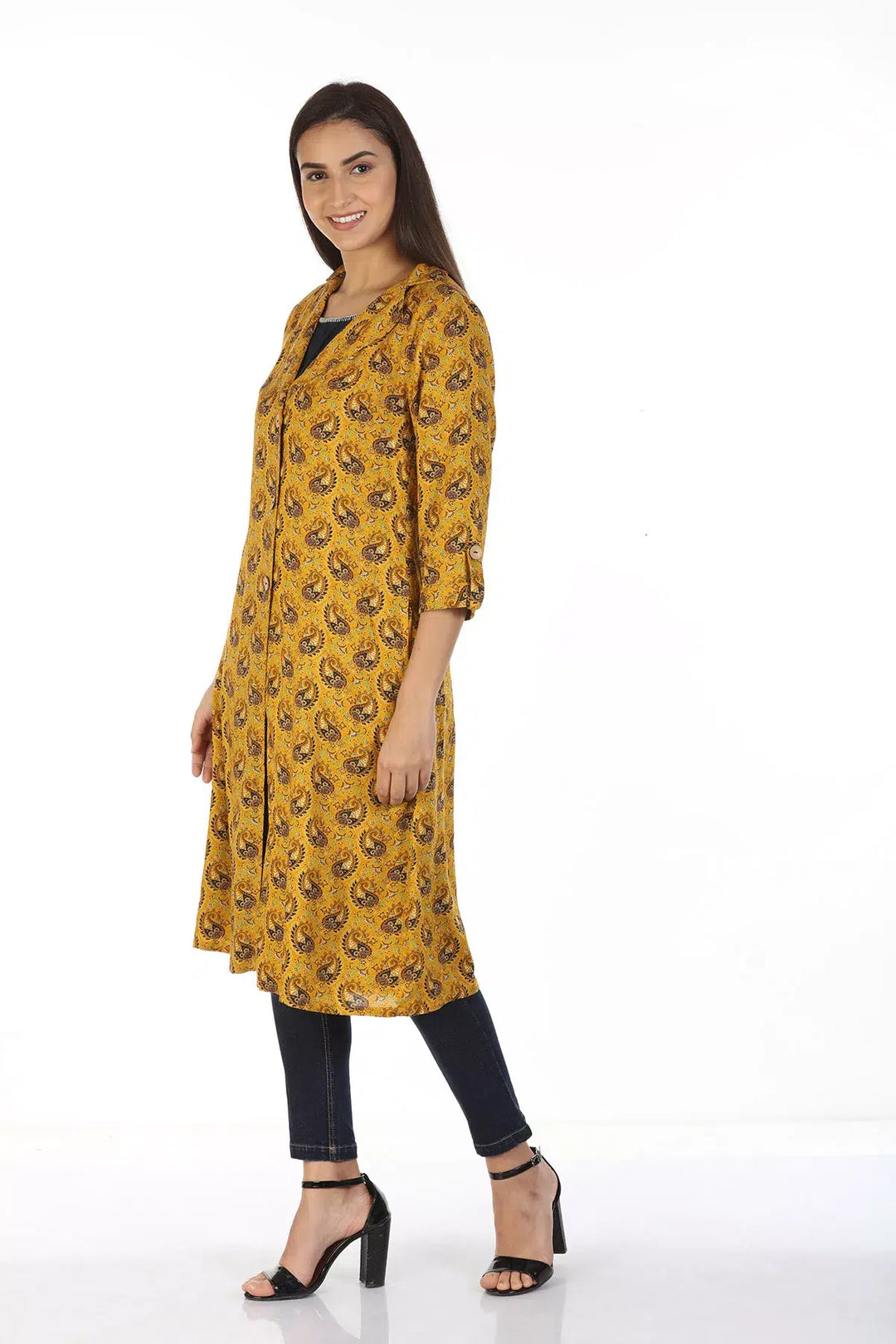 Layered front open printed Kurti with Collar (Mustard)