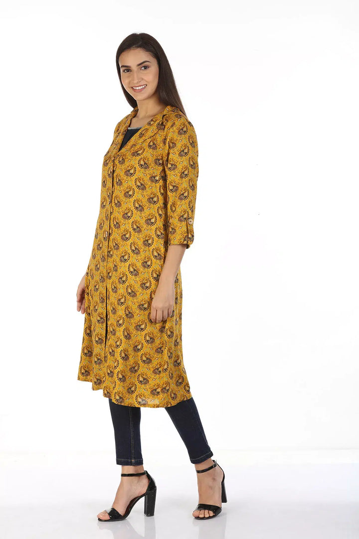 Layered front open printed Kurti with Collar (Mustard)