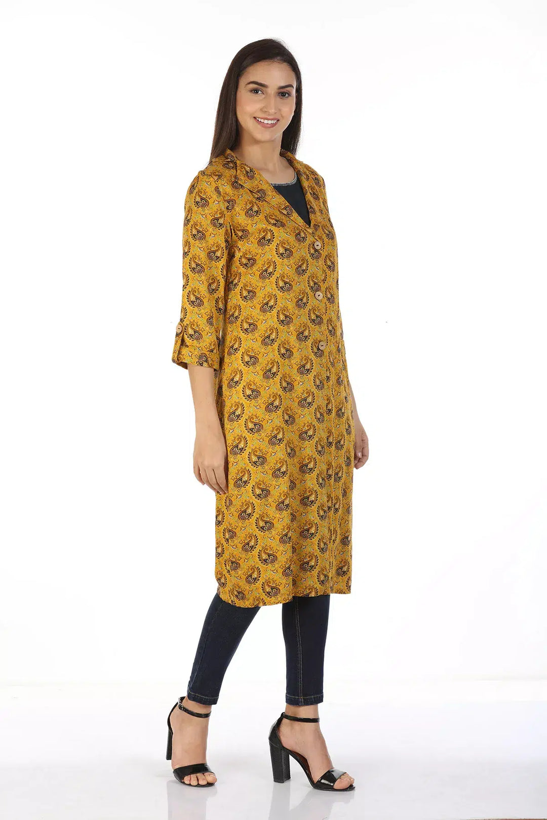 Layered front open printed Kurti with Collar (Mustard)