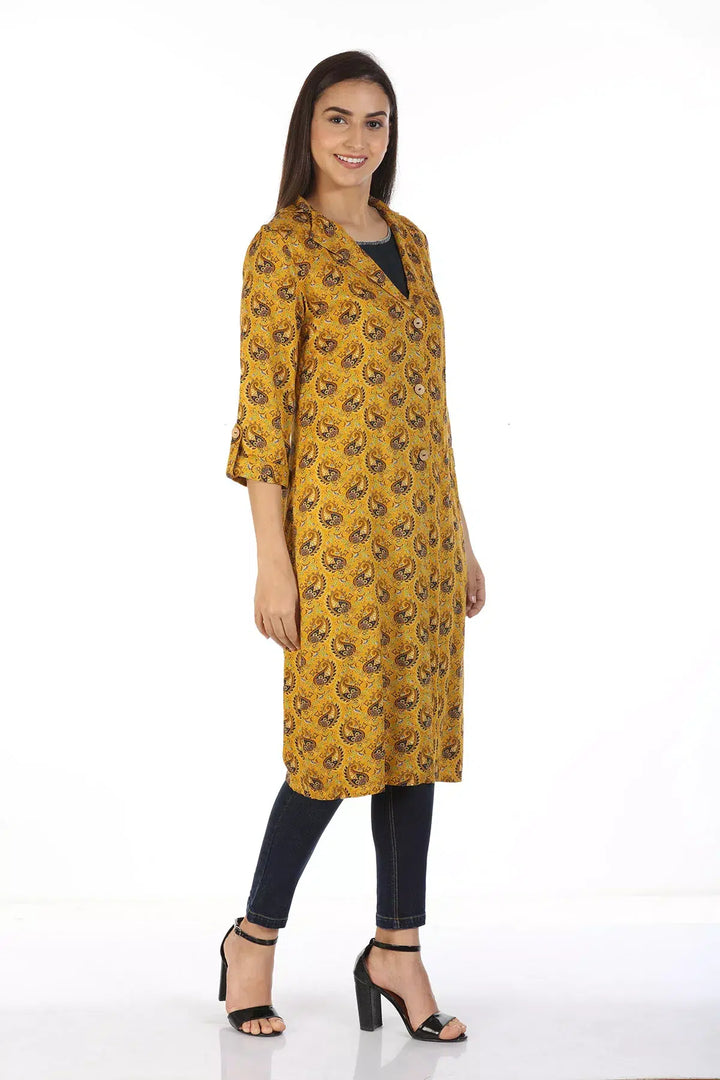 Layered front open printed Kurti with Collar (Mustard)