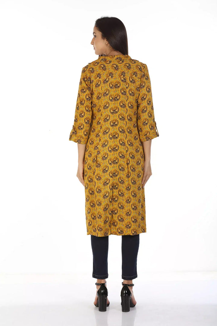 Layered front open printed Kurti with Collar (Mustard)