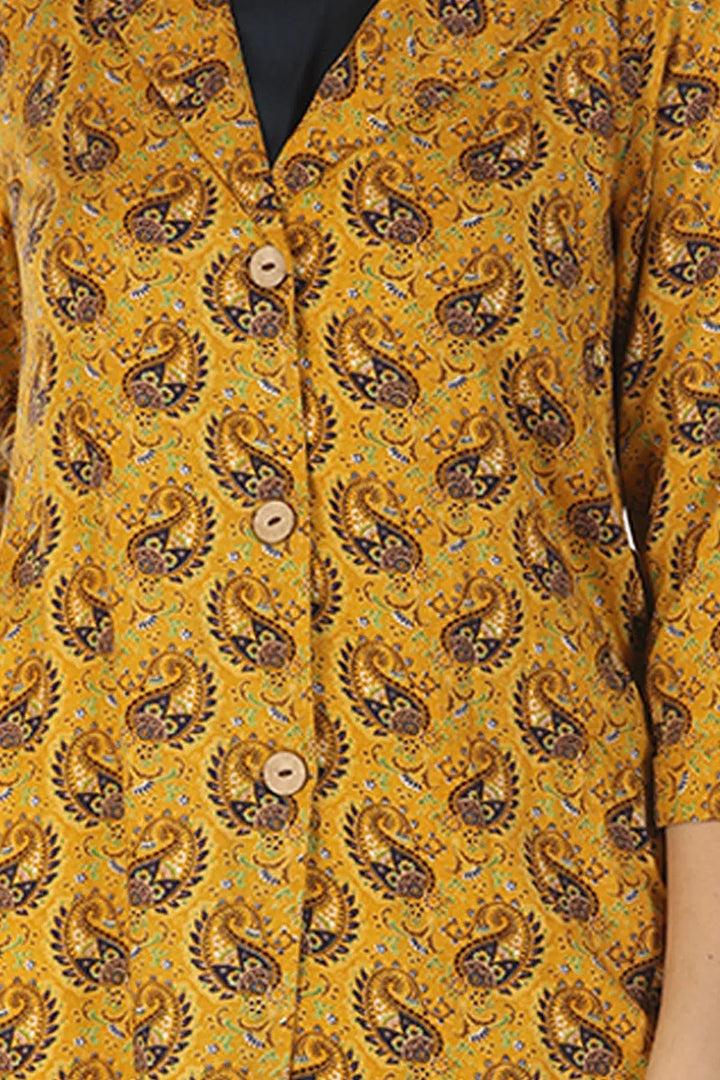 Layered front open printed Kurti with Collar (Mustard)