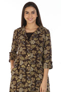Layered front open printed Kurti with Collar (Brown)