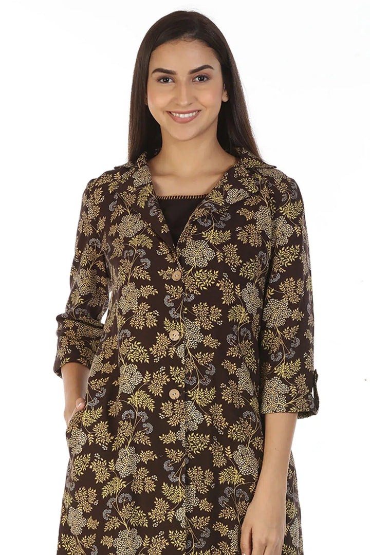 Layered front open printed Kurti with Collar (Brown)