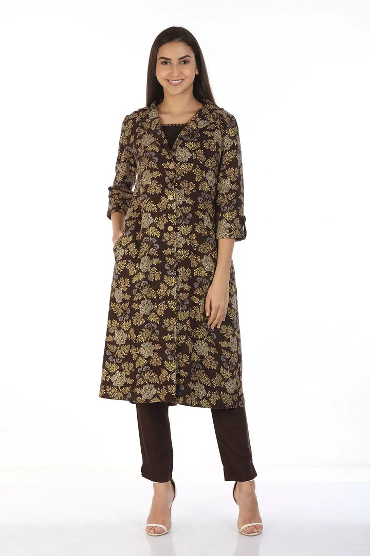 Layered front open printed Kurti with Collar (Brown)