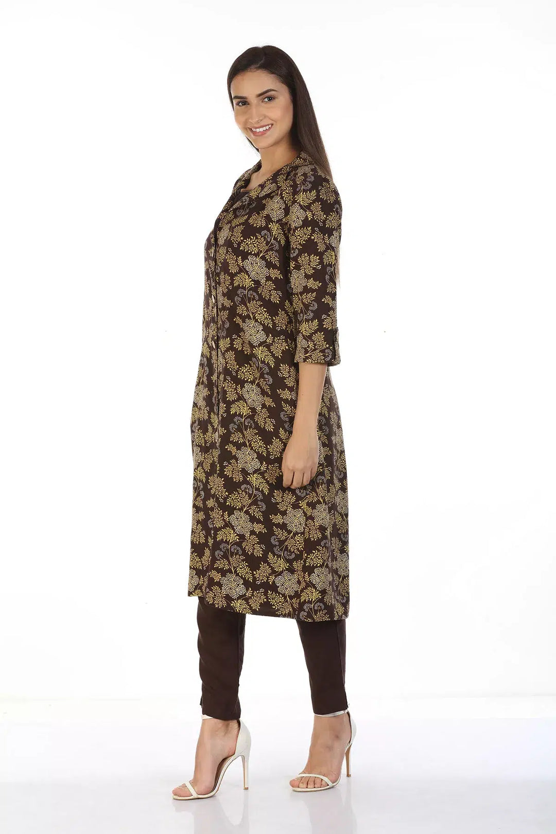 Layered front open printed Kurti with Collar (Brown)