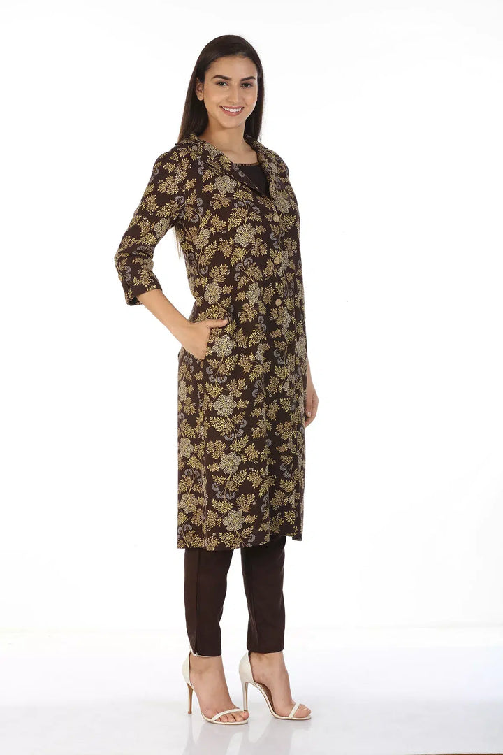 Layered front open printed Kurti with Collar (Brown)