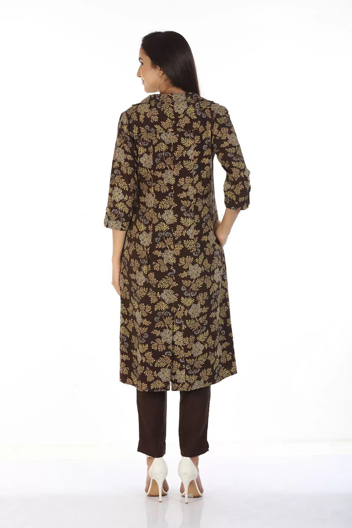 Layered front open printed Kurti with Collar (Brown)