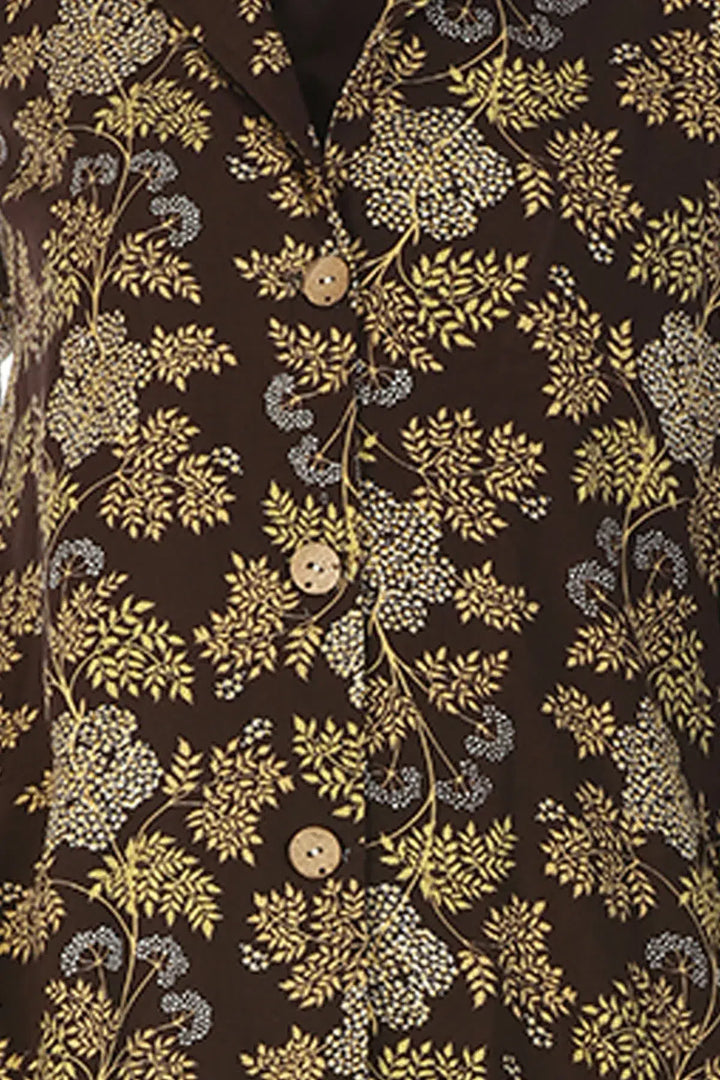Layered front open printed Kurti with Collar (Brown)