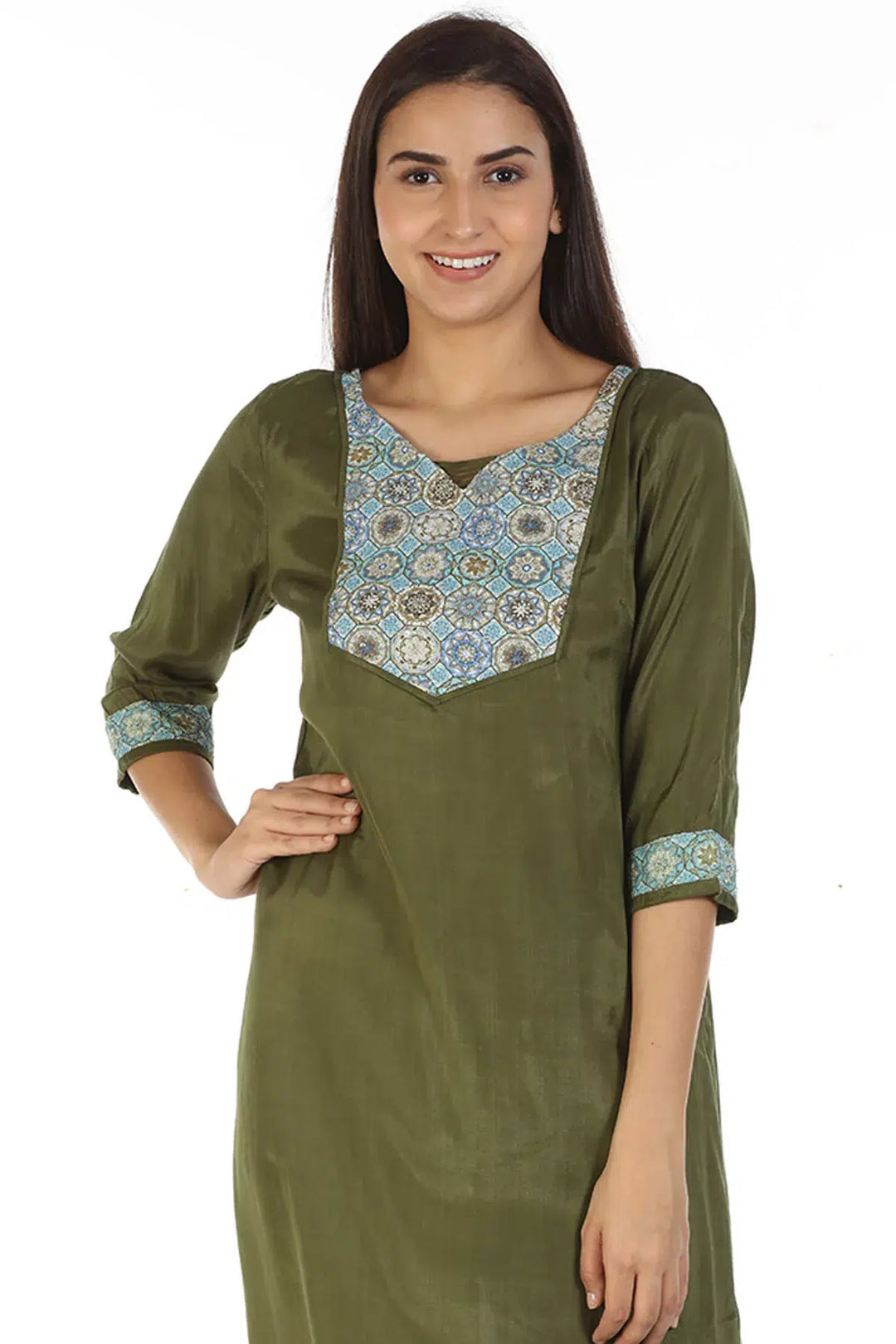 Shantoon Applique V-Neck Kurti (Green)