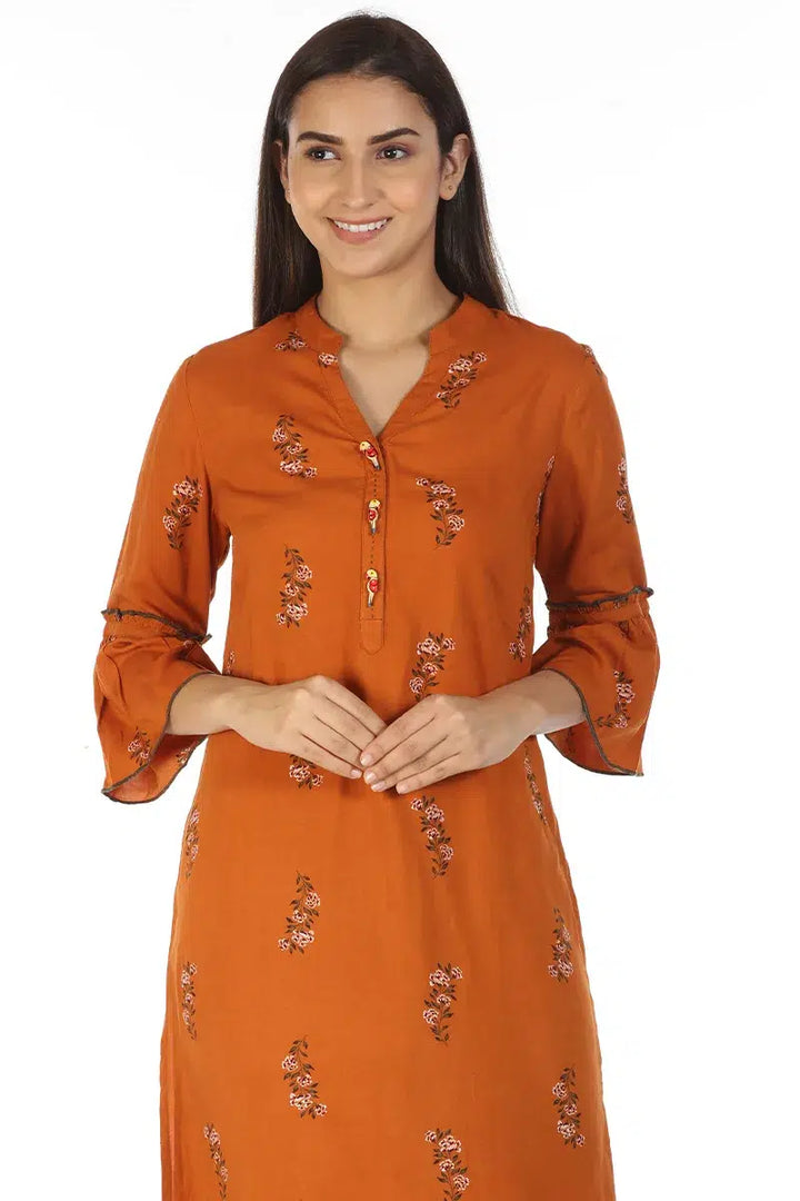Rust Orange Asymmetric Kurti with Floral Print