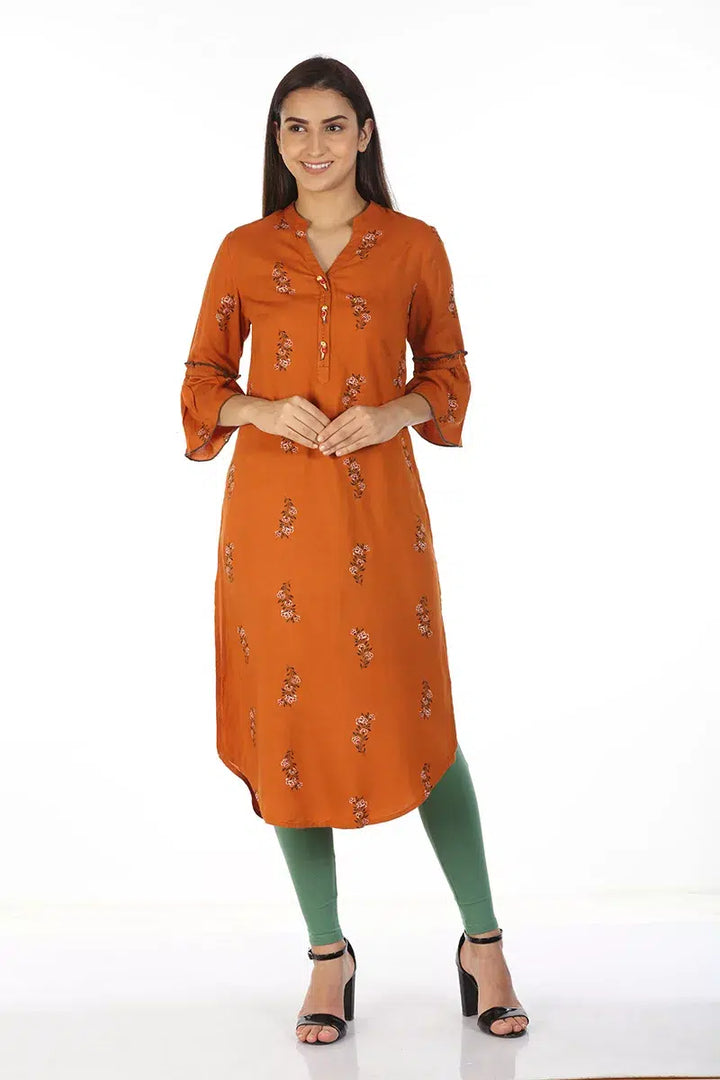 Rust Orange Asymmetric Kurti with Floral Print