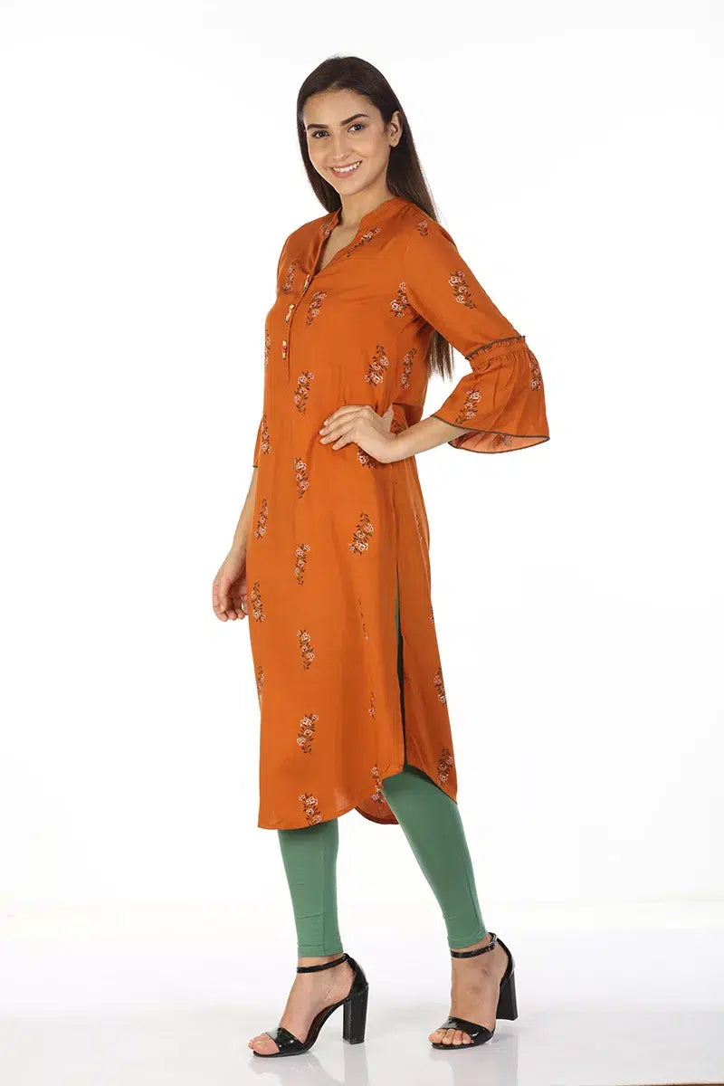 Rust Orange Asymmetric Kurti with Floral Print