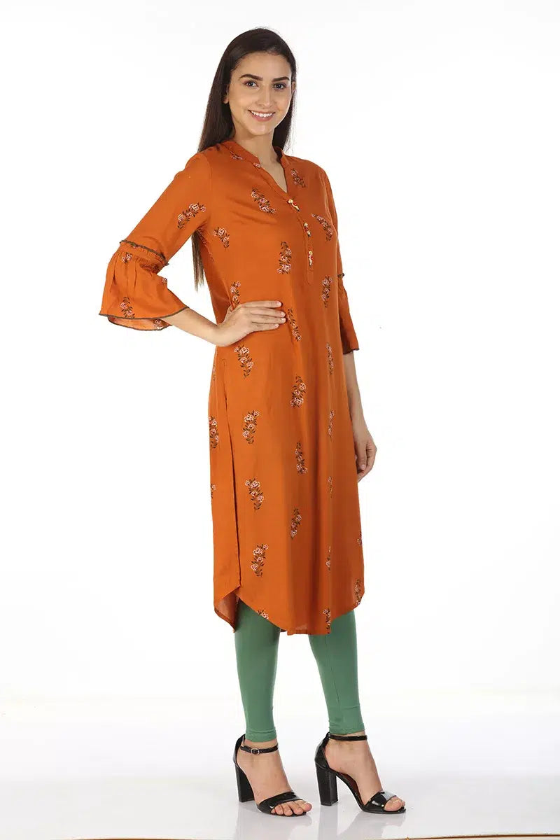 Rust Orange Asymmetric Kurti with Floral Print
