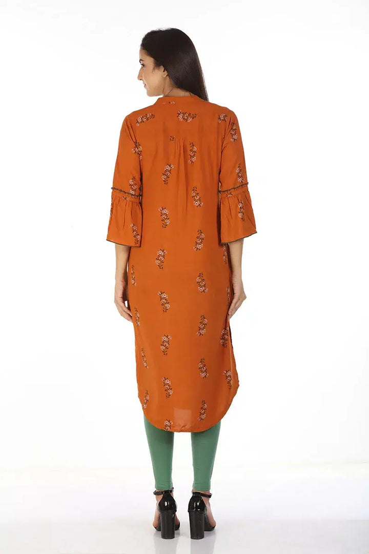 Rust Orange Asymmetric Kurti with Floral Print