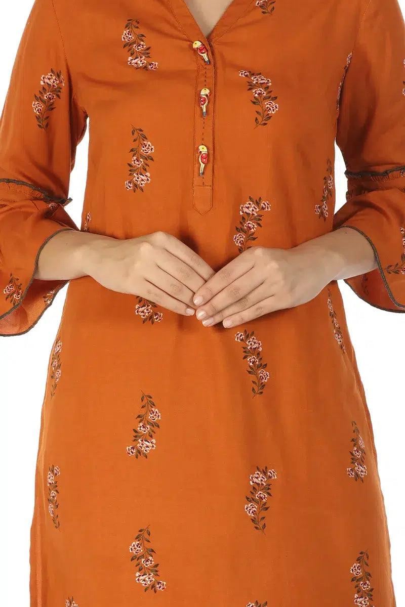 Rust Orange Asymmetric Kurti with Floral Print