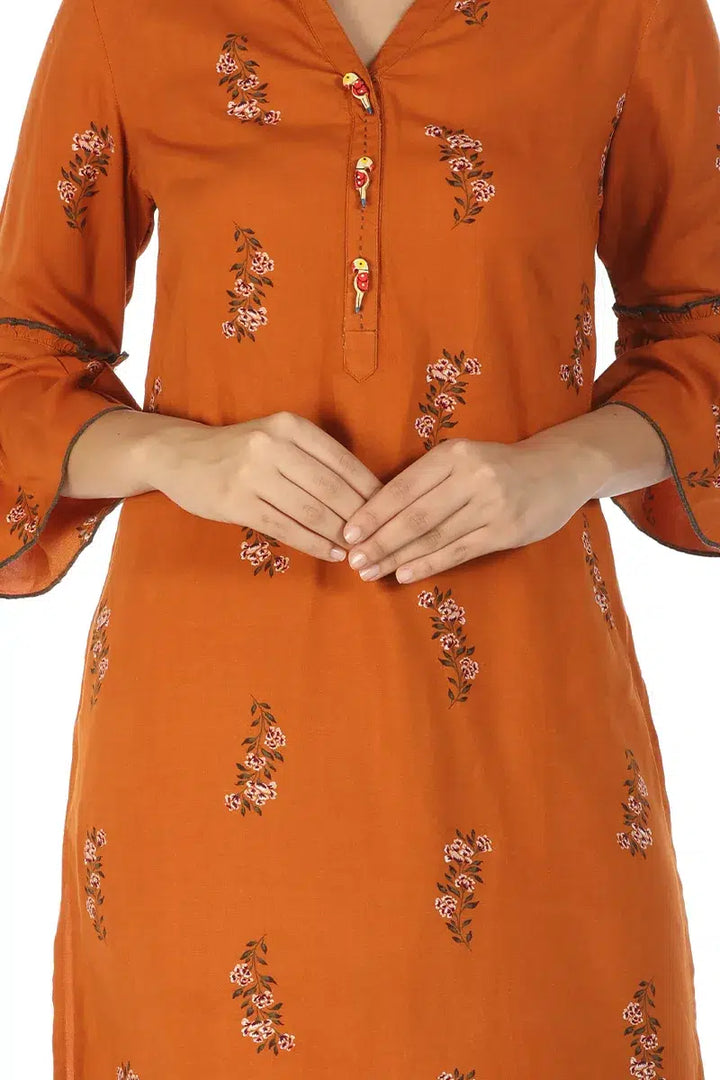 Rust Orange Asymmetric Kurti with Floral Print