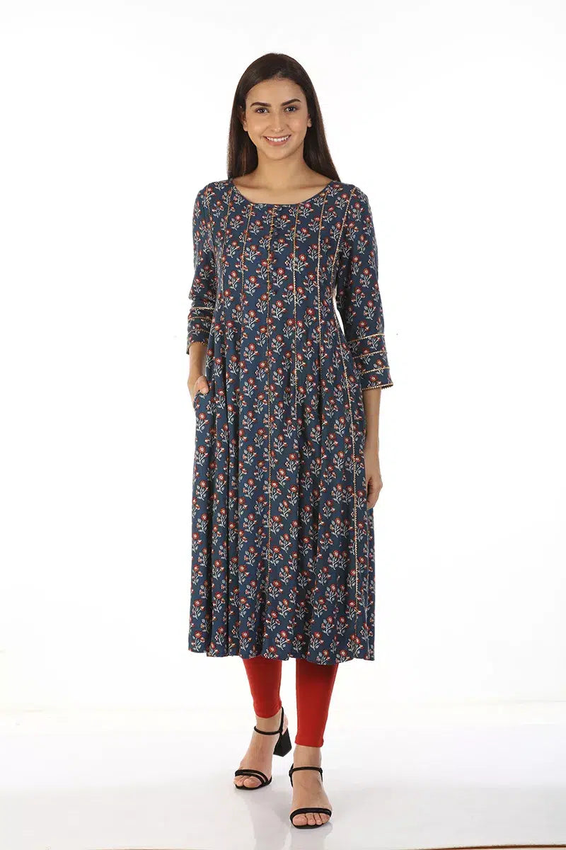 Blue A-Line Floral Print Kurti (Viscose)