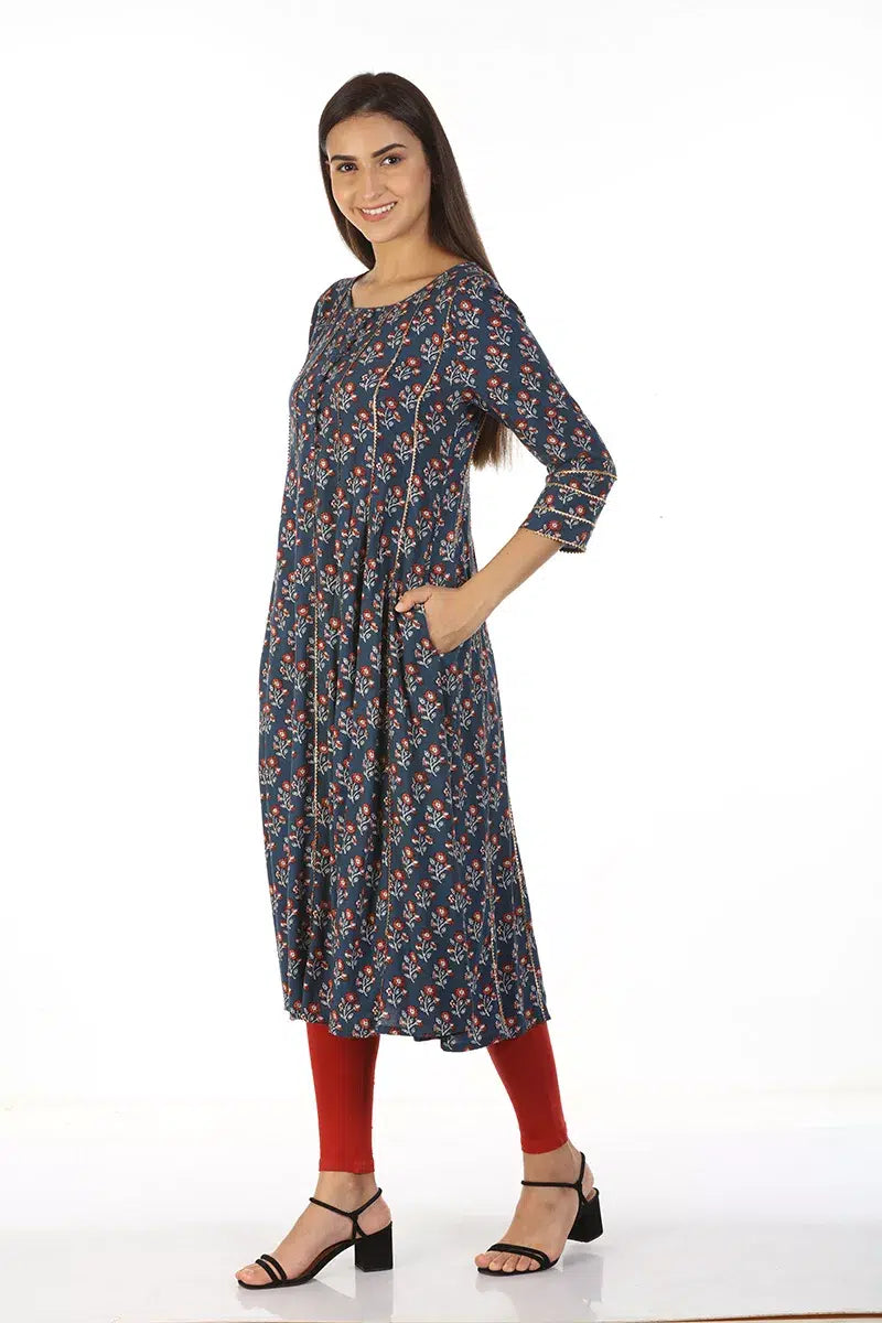 Blue A-Line Floral Print Kurti (Viscose)