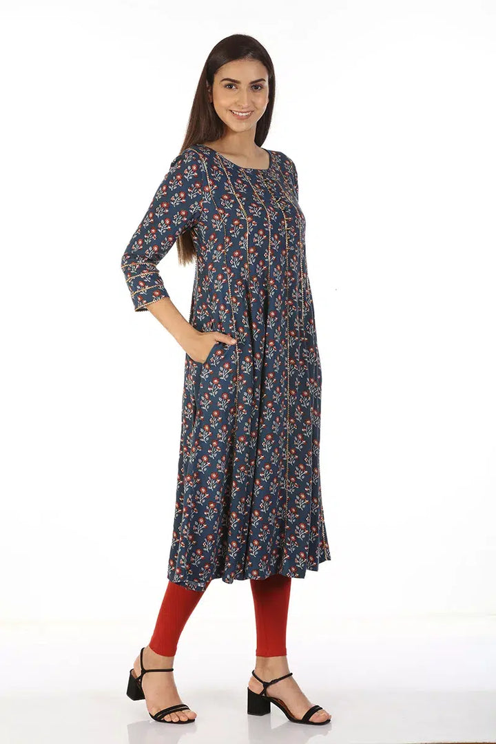 Blue A-Line Floral Print Kurti (Viscose)