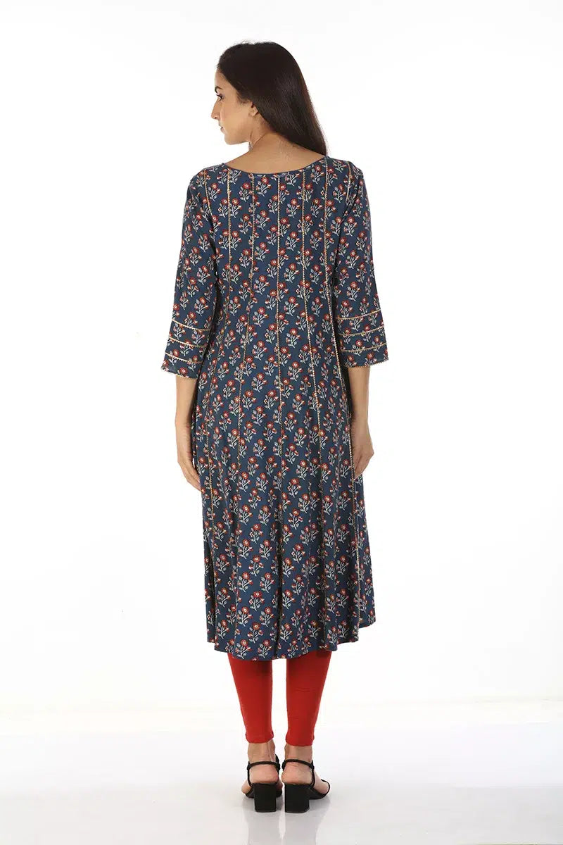 Blue A-Line Floral Print Kurti (Viscose)