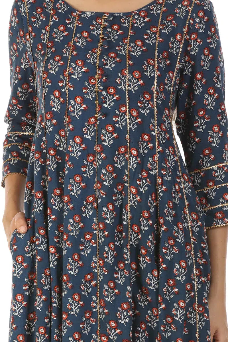 Blue A-Line Floral Print Kurti (Viscose)