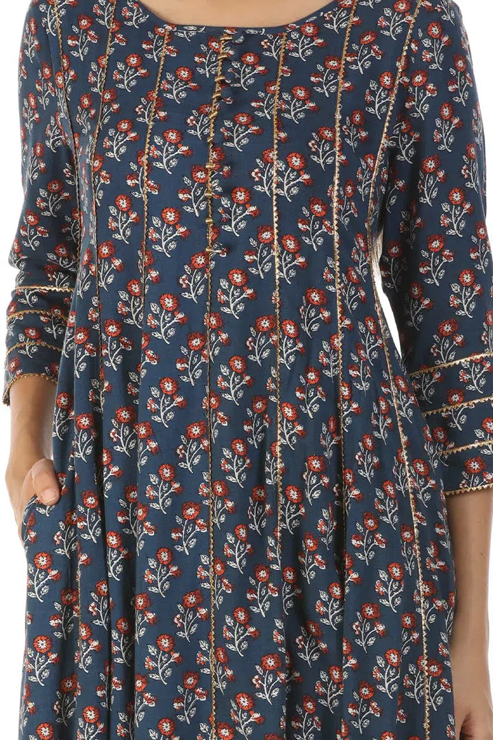 Blue A-Line Floral Print Kurti (Viscose)
