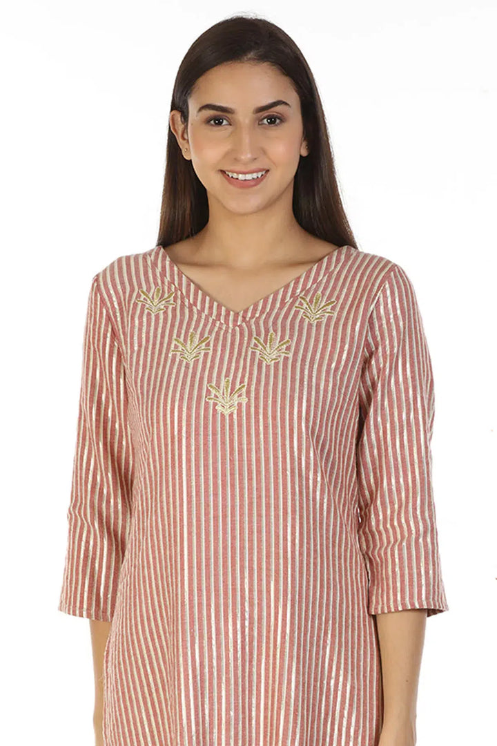 Rayon Lurex Light Pink Striped Ensemble Kurti