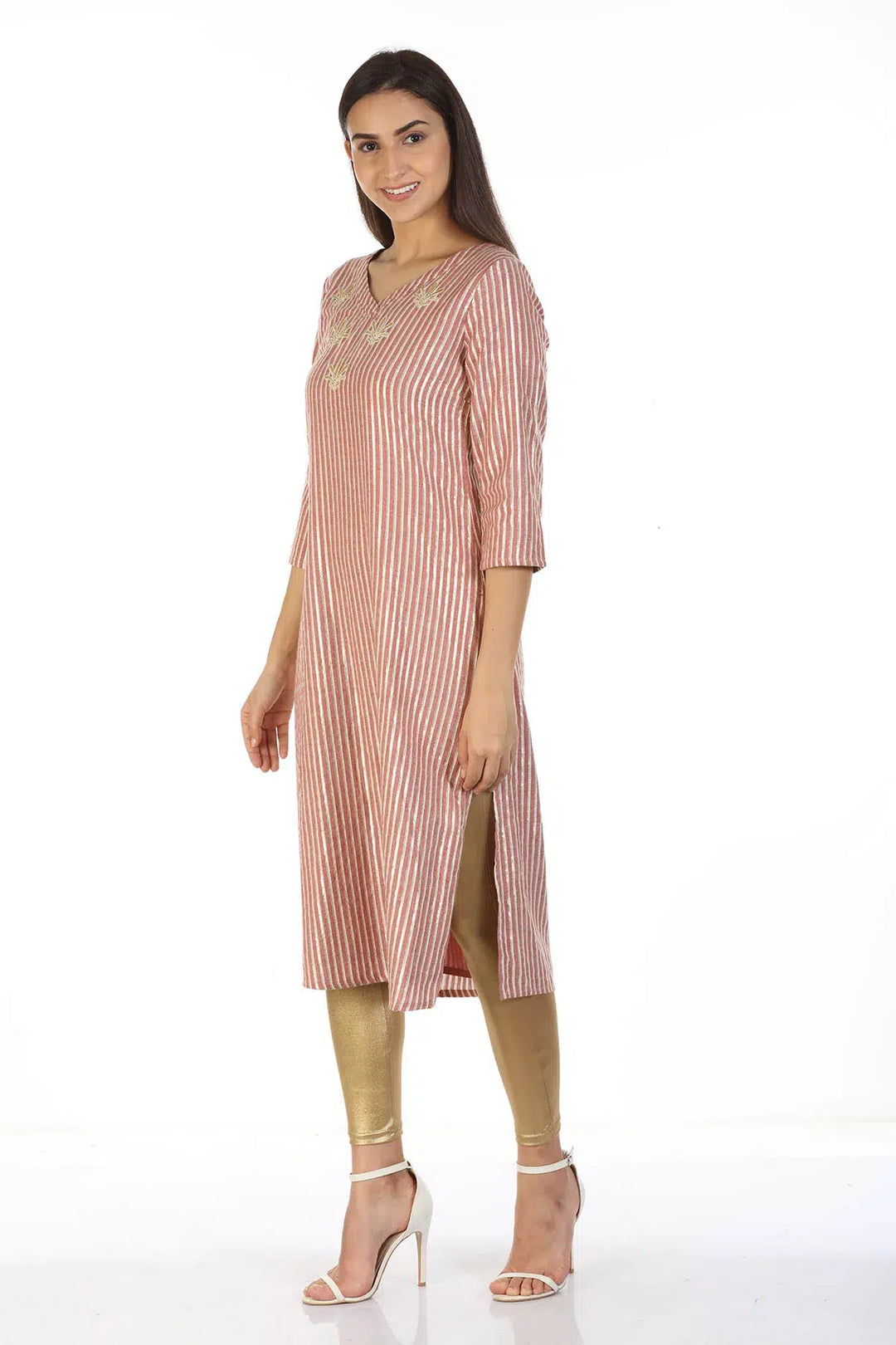 Rayon Lurex Light Pink Striped Ensemble Kurti