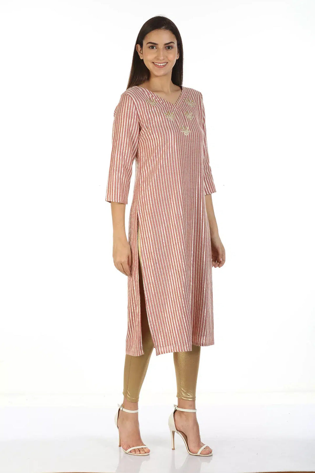 Rayon Lurex Light Pink Striped Ensemble Kurti
