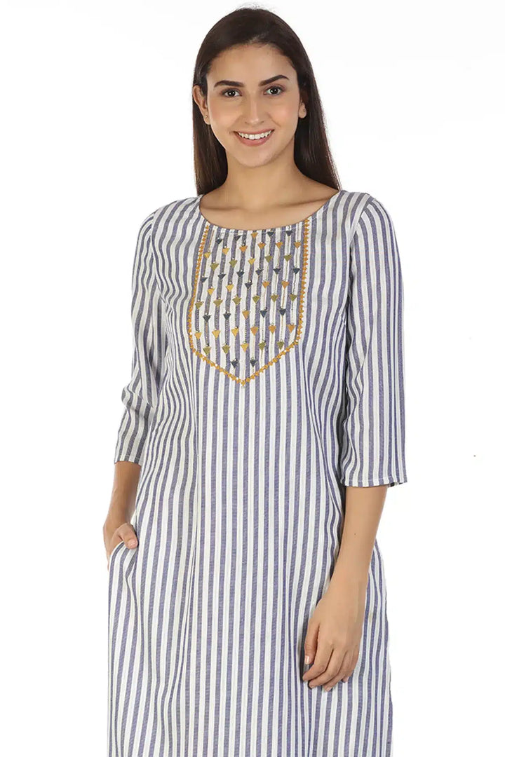 Blue And White Stripe Embroidery Kurti with Round Neck