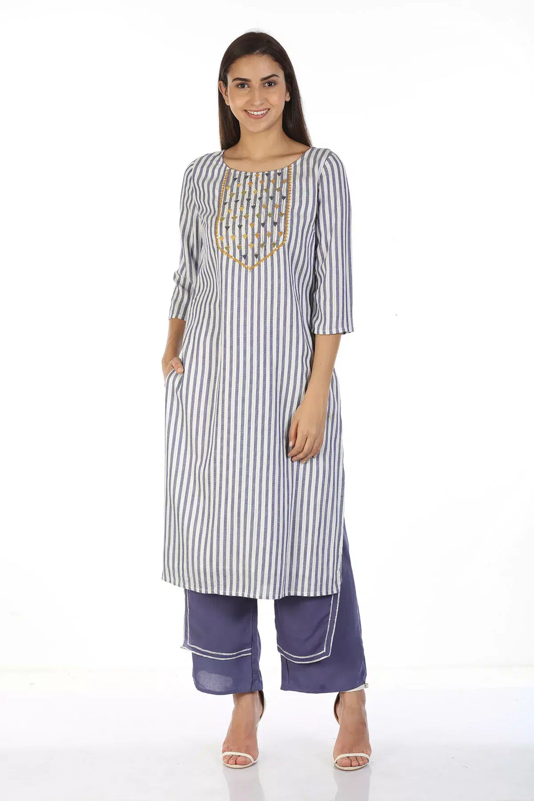 Blue And White Stripe Embroidery Kurti with Round Neck