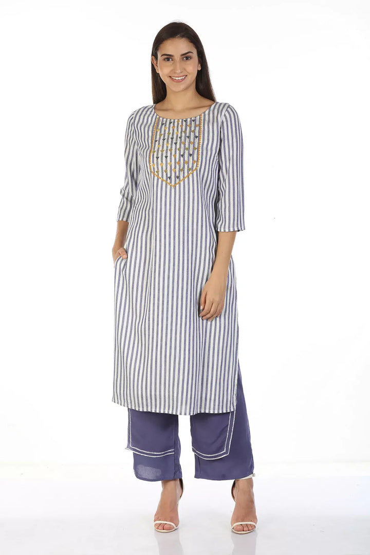 Blue And White Stripe Embroidery Kurti with Round Neck