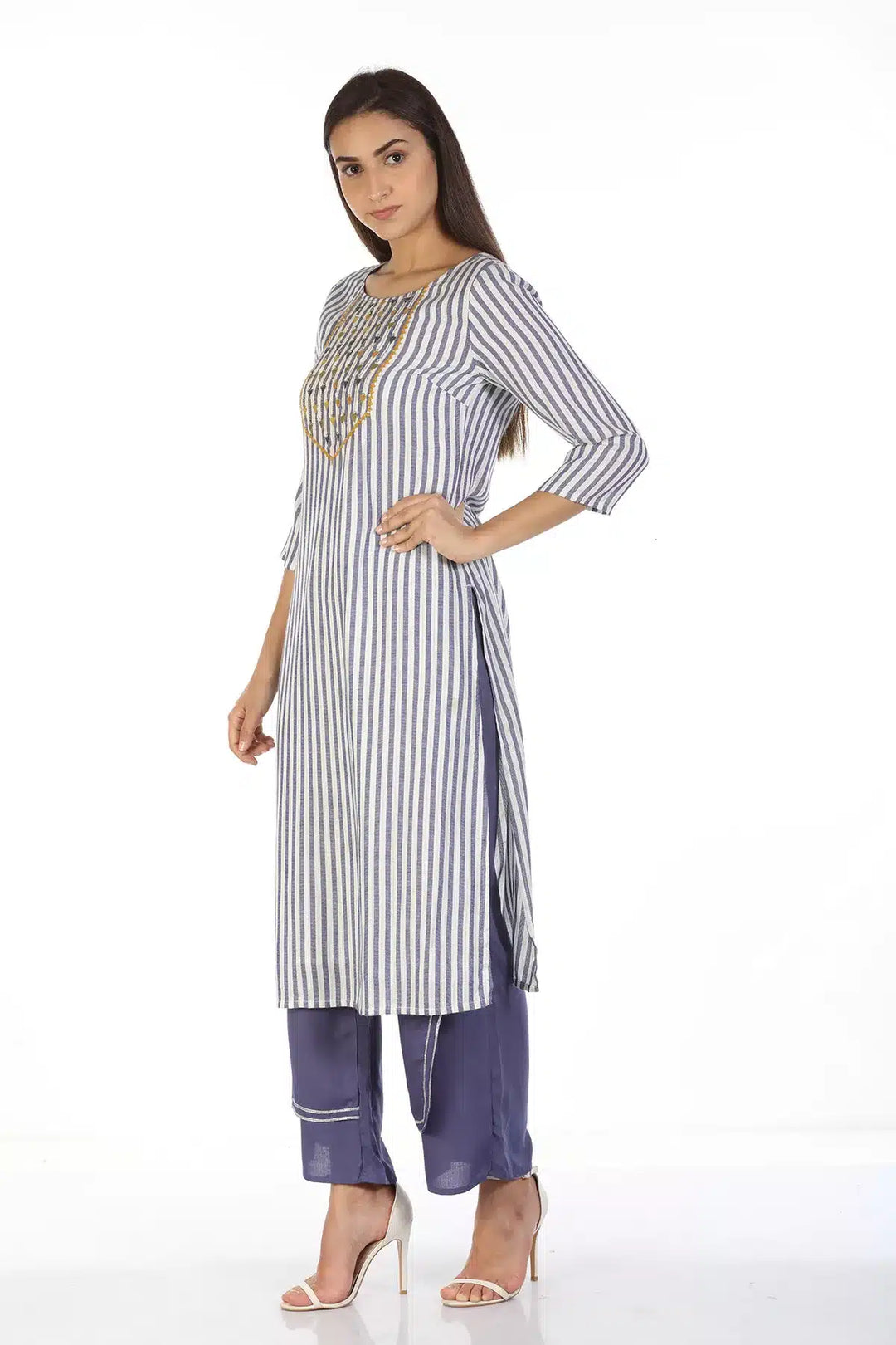 Blue And White Stripe Embroidery Kurti with Round Neck