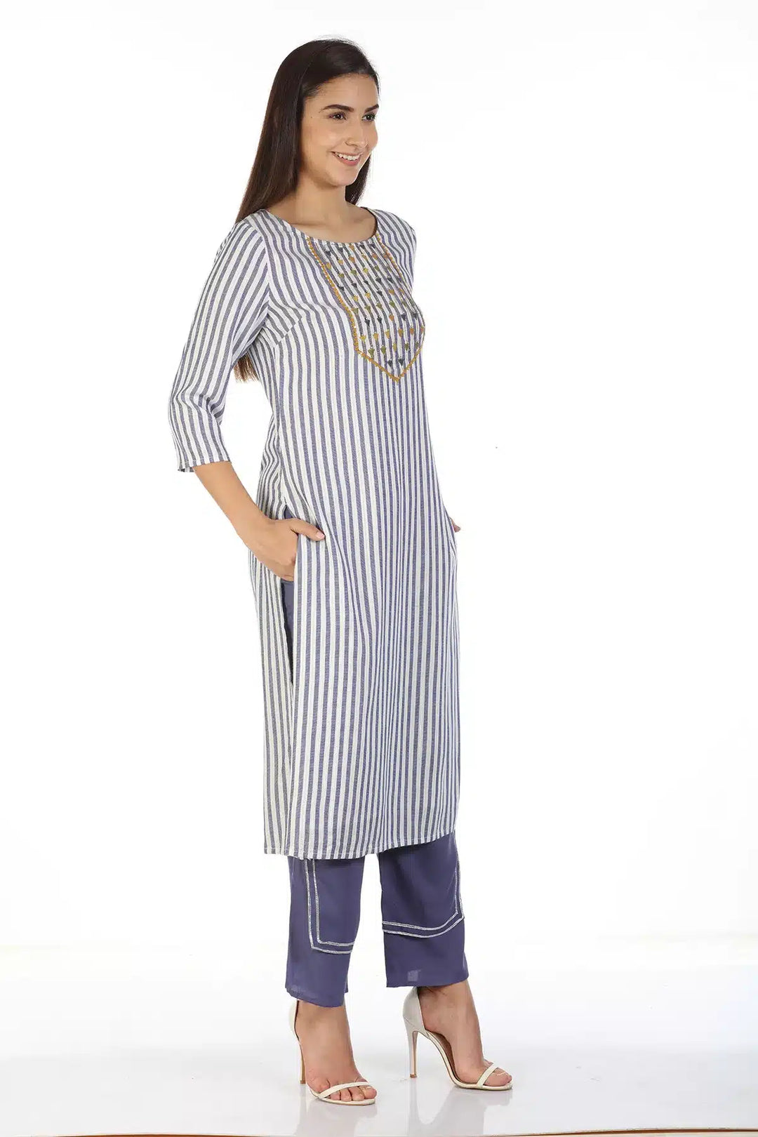 Blue And White Stripe Embroidery Kurti with Round Neck