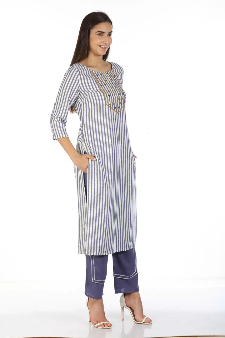 Blue And White Stripe Embroidery Kurti with Round Neck