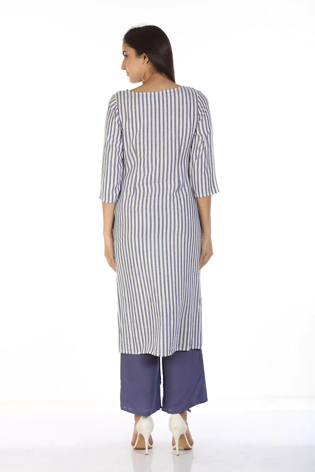 Blue And White Stripe Embroidery Kurti with Round Neck
