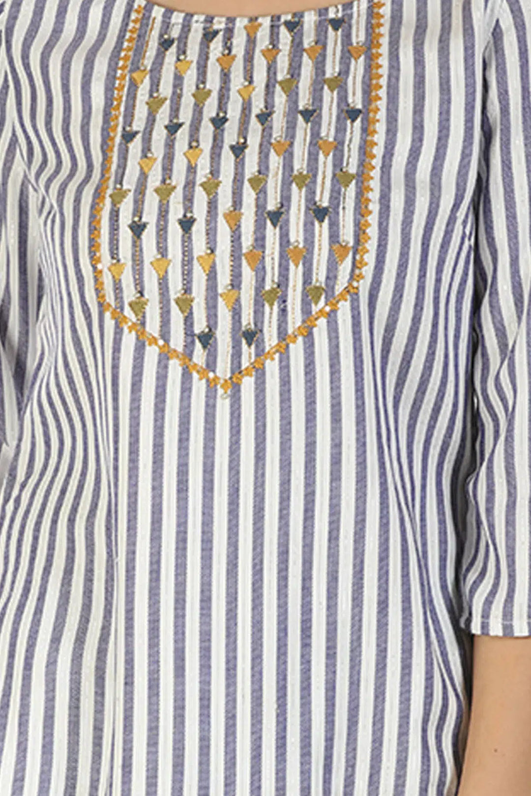 Blue And White Stripe Embroidery Kurti with Round Neck
