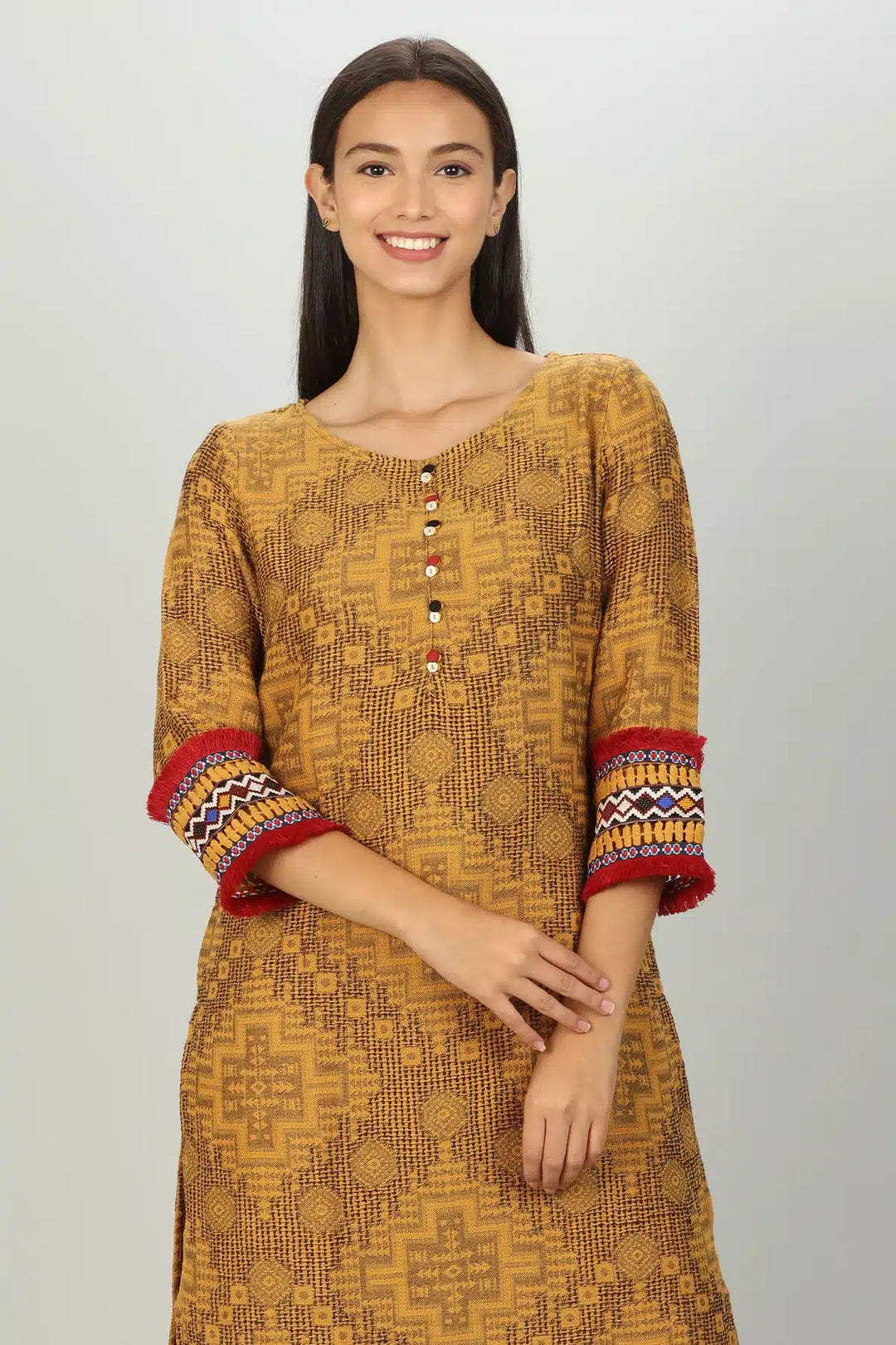 Yellow round neck Textured Kurti