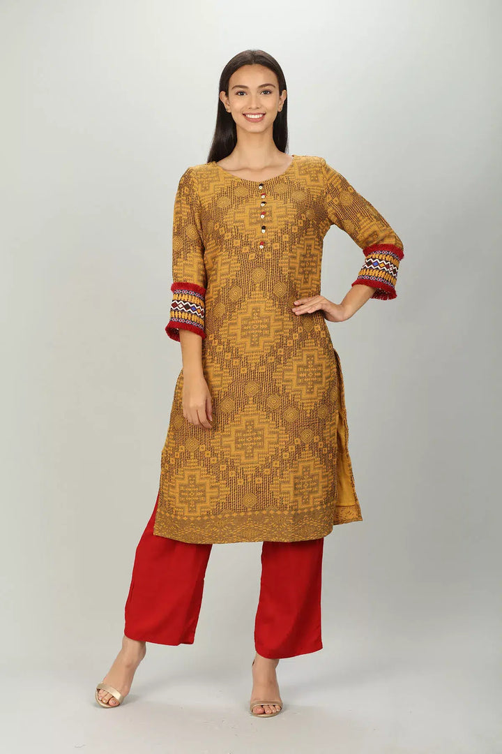 Yellow round neck Textured Kurti