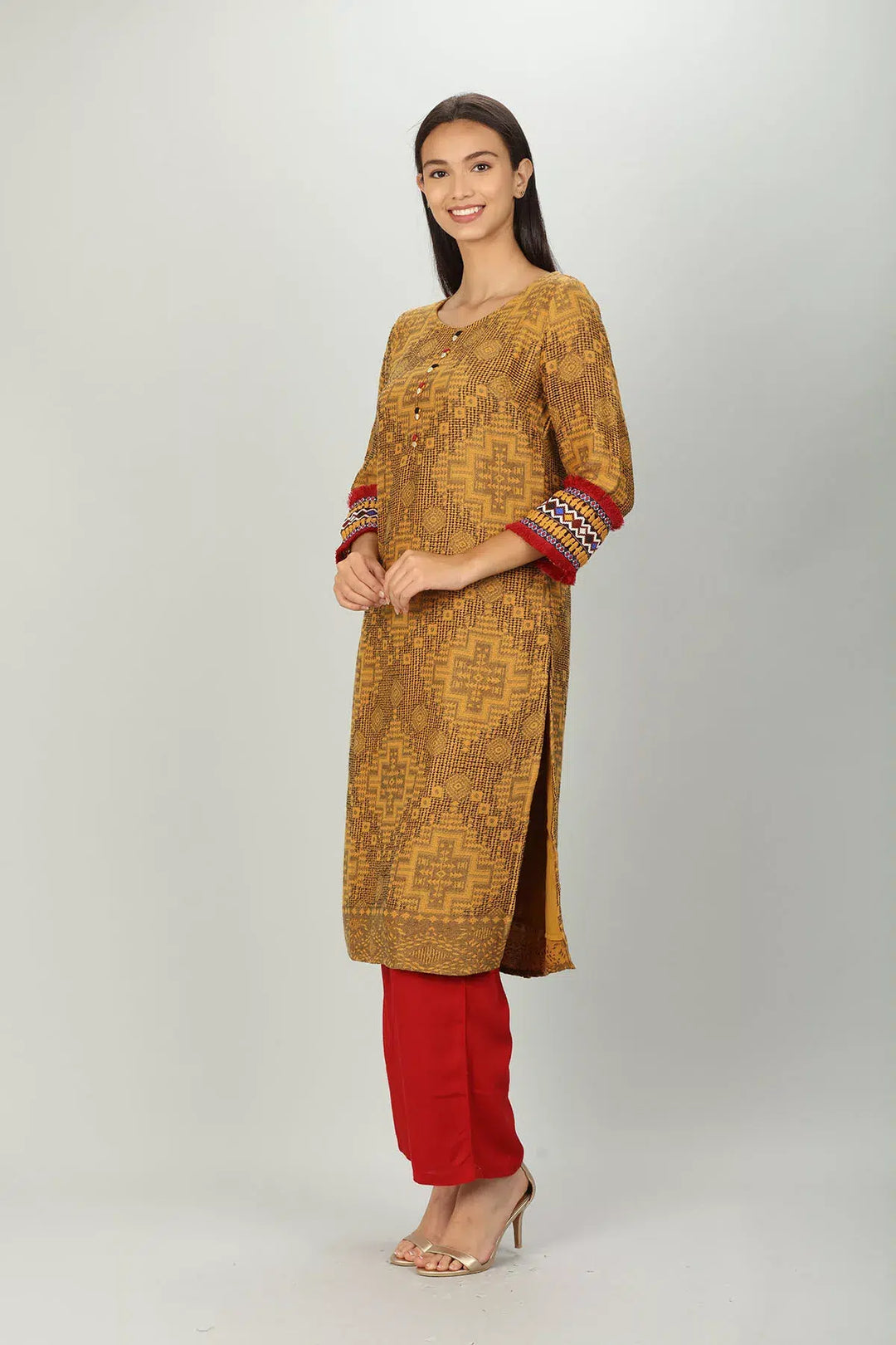 Yellow round neck Textured Kurti