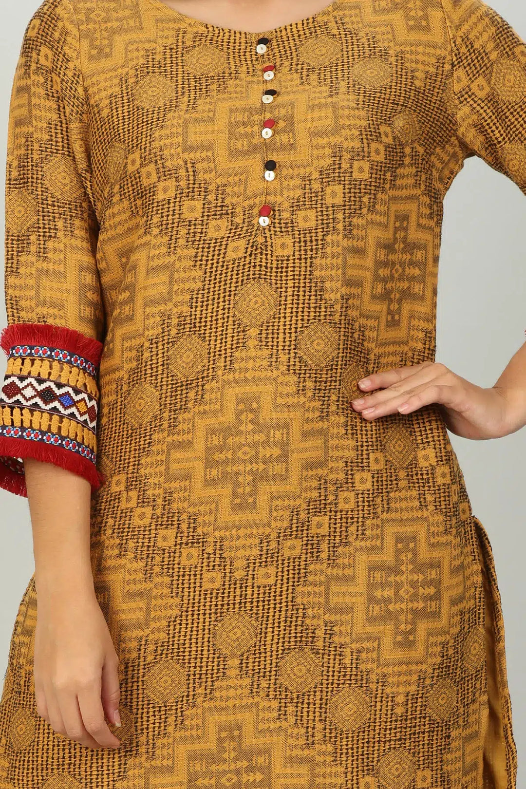 Yellow round neck Textured Kurti