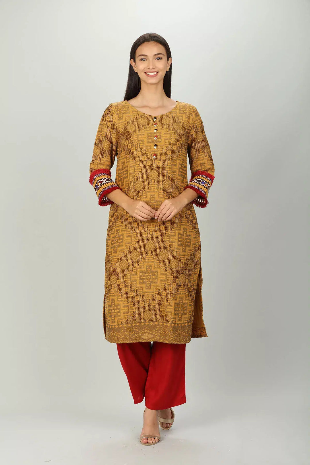 Yellow round neck Textured Kurti