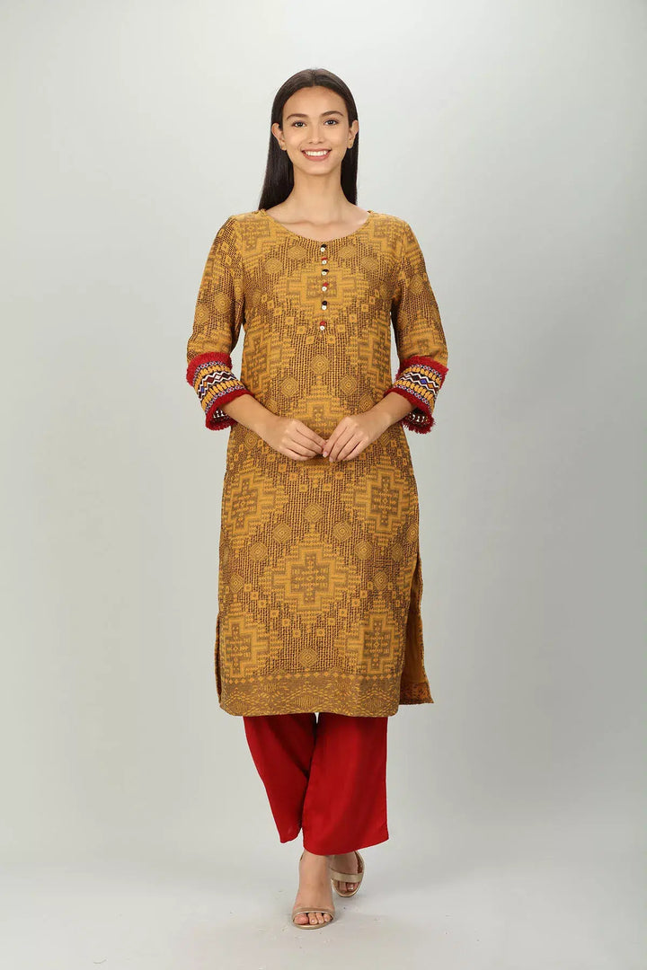 Yellow round neck Textured Kurti