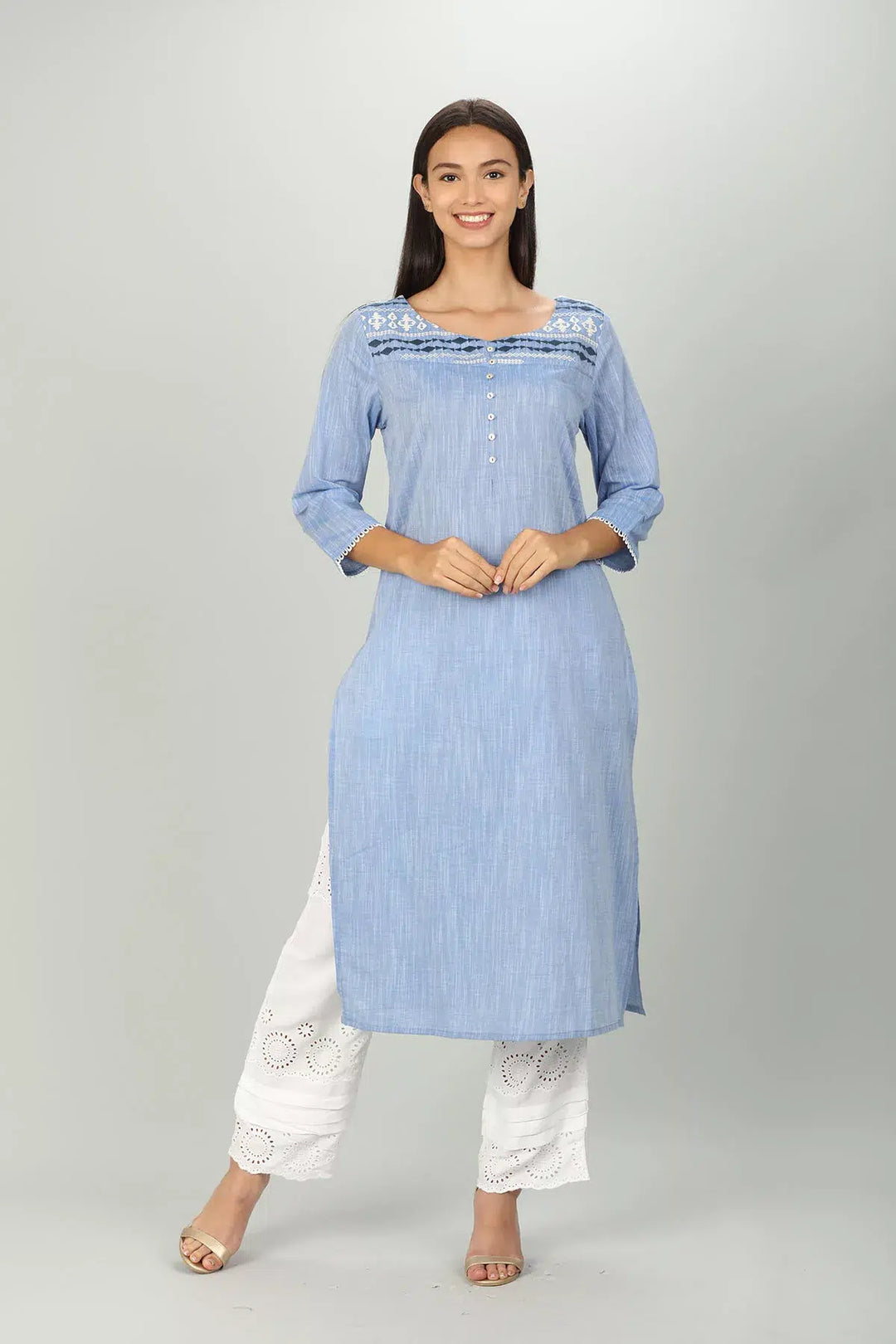 Blue Cotton Textured Embroider A Line Kurti