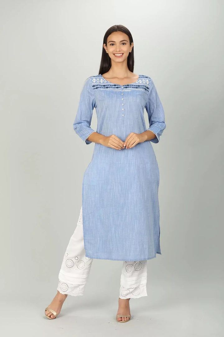 Blue Cotton Textured Embroider A Line Kurti